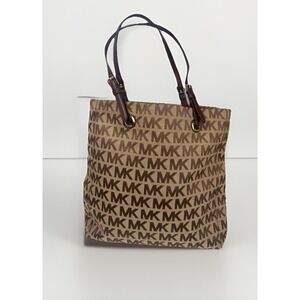 Michael Kors North South Jet Set Tote‎ Bag Large Beige Mocha Canvas Logo Bag